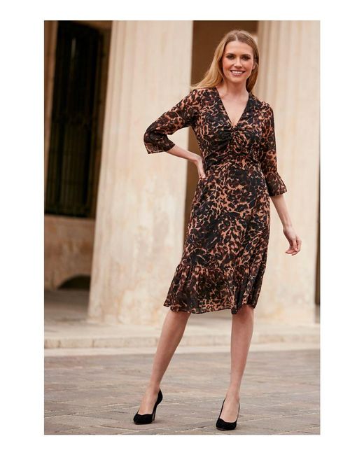 Sosandar Brown Rich Chocolate Animal Print Fit & Flare Dress