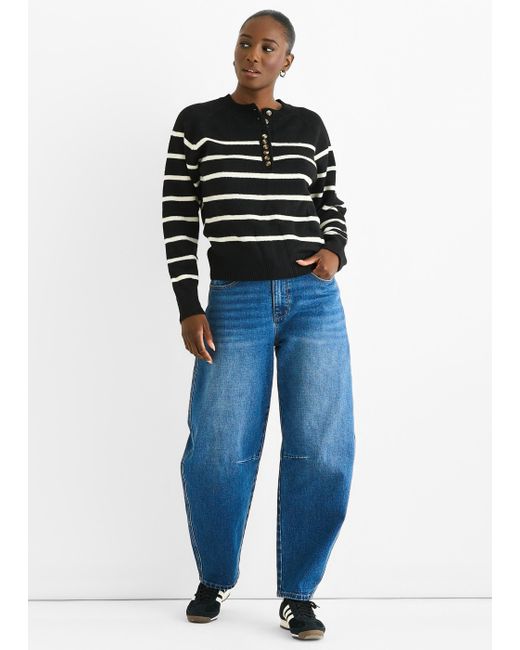 Gini London Blue Recycle Stripe Button Up Loose Fit Knit Jumper