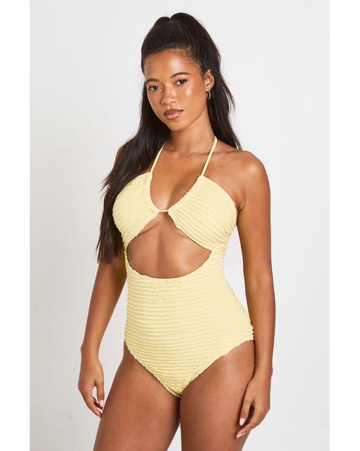 Boohoo Yellow Textured Cut Out Halter Neck Swimsuit
