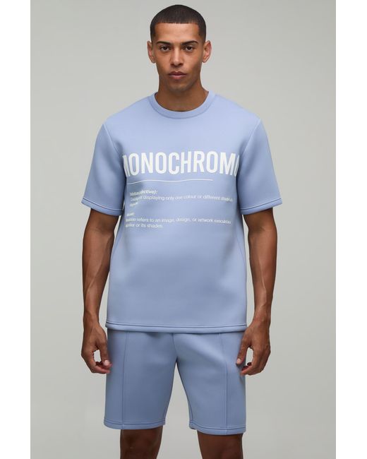 BoohooMAN Blue High Build Rubber Print Regular Fit Bonded Scuba T-Shirt & Slim Pintuck Short Set for men