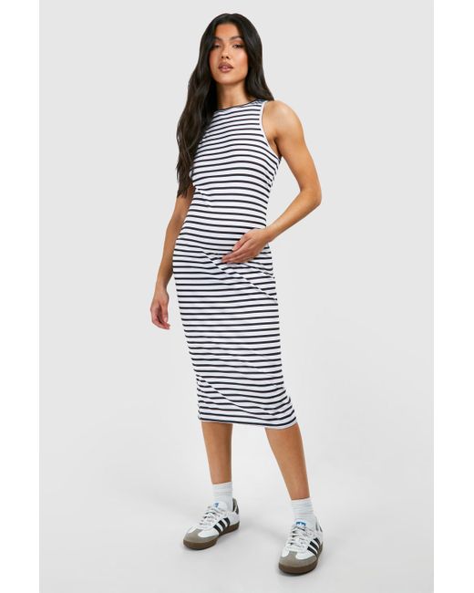 Boohoo Blue Maternity Stripe Racer Neck Midi Dress