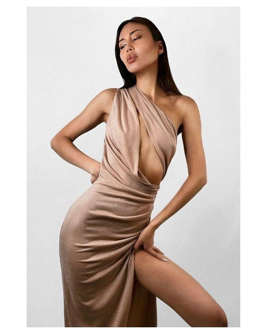 MissPap Brown Shimmer Double Layer Cut Out Drape Maxi Dress