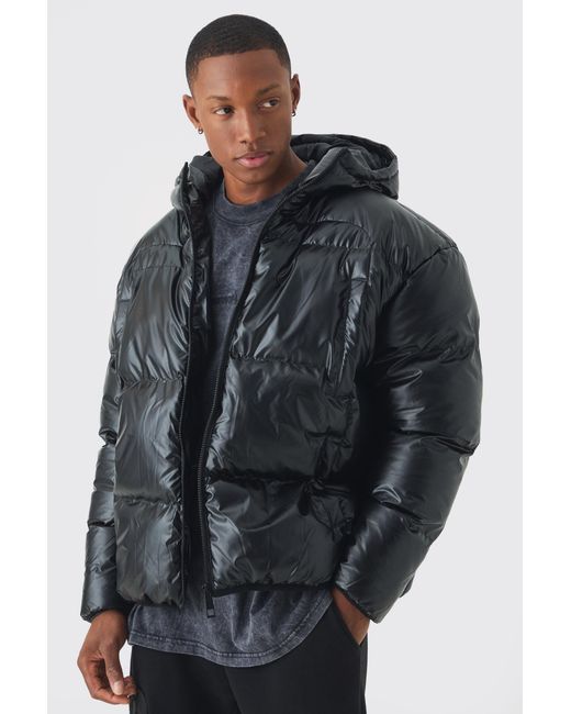 BoohooMAN High Shine Hooded Quilted Puffer In Black for men