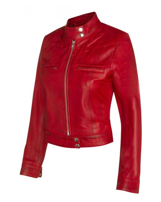 Infinity Leather Red Plain Moto Biker Jacket-Braga