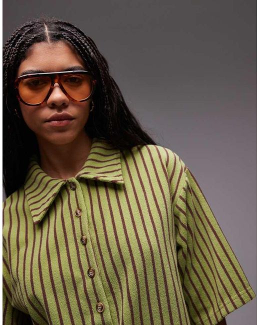 TOPSHOP Green Stripe Towelling Boxy Polo Co-Ord