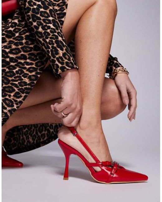 Public Desire Red Smooch Strappy Sling Back Kitten Heeled Shoes
