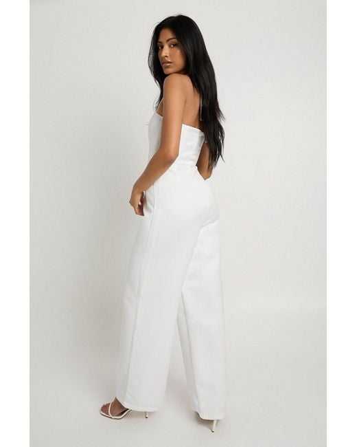 Boohoo White Premium Satin Boned Corset Halterneck Wide Leg Jumpsuit
