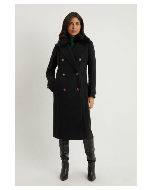 Wallis Black Double Breasted Military Faux Fur Collar Coat