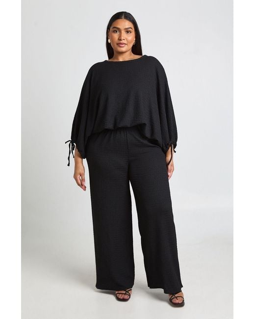 Boohoo Black Plus Textured Ruched Sleeve Balloon Hem Top & Wide Leg Trouser