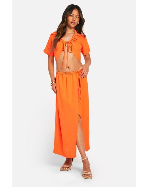 Boohoo Orange Hammered Ruched Front Shirt & Wrap Midaxi Skirt