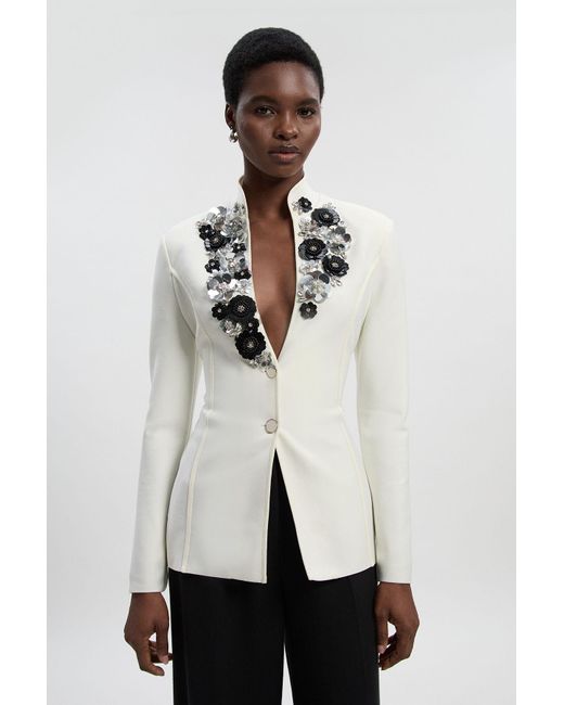 Karen Millen Natural Embellished Figure Form Fitted Blazer Jacket