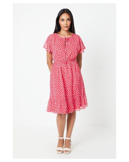 Wallis Red Petite Spot Print Tie Neck Mini Dress