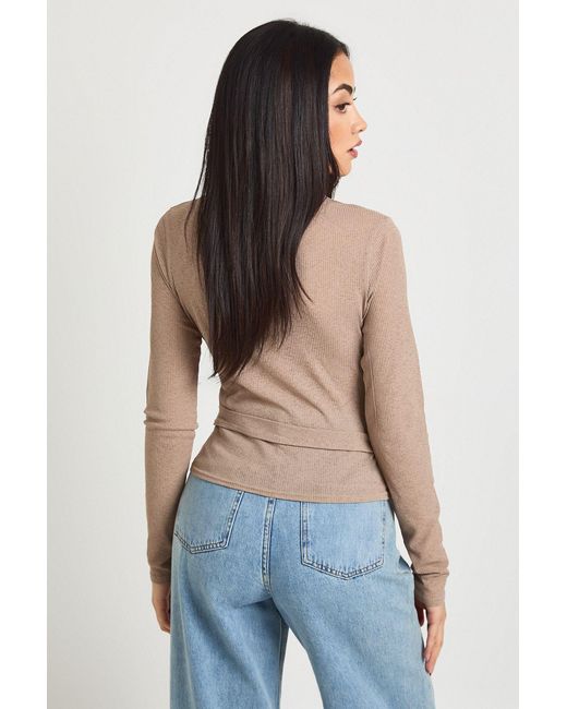 Boohoo Blue Ribbed Sheer Long Sleeve Top With Tie