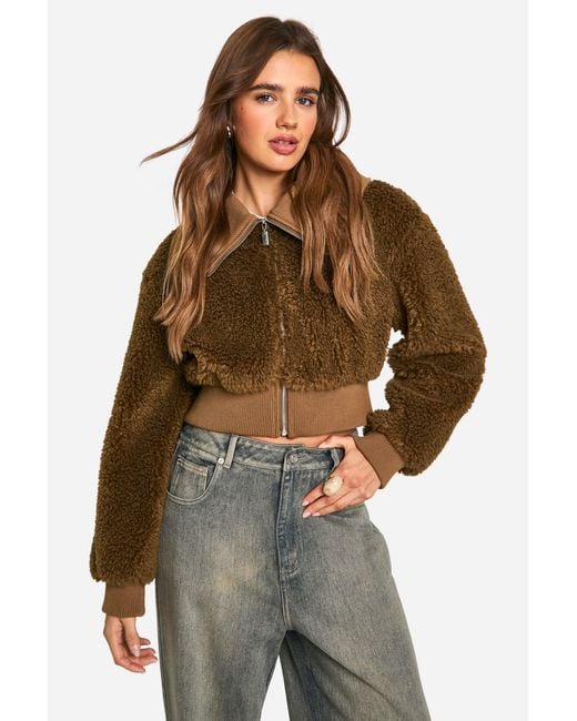Boohoo Brown Teddy Faux Fur Bomber Jacket