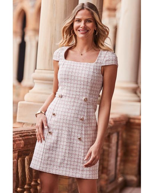 Sosandar Pink Boucle Shift Dress With Button Detail