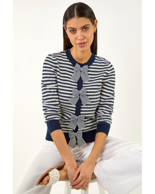 Roman Blue Stripe Bow Front Knit Jumper