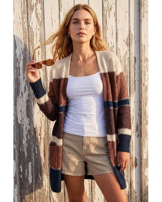 Roman Brown Colour Block Longline Knit Cardigan