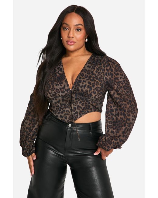 Boohoo Black Plus Leopard Puff Sleeve Longline Corset Top