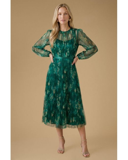 Oasis Green Floral Mesh Balloon Sleeve Midi Dress