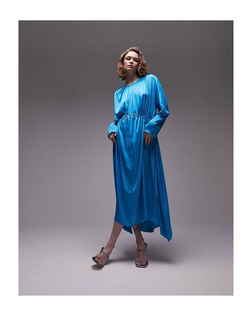 TOPSHOP Blue Occasion Ruched Detail Long Sleeve Midi Dress