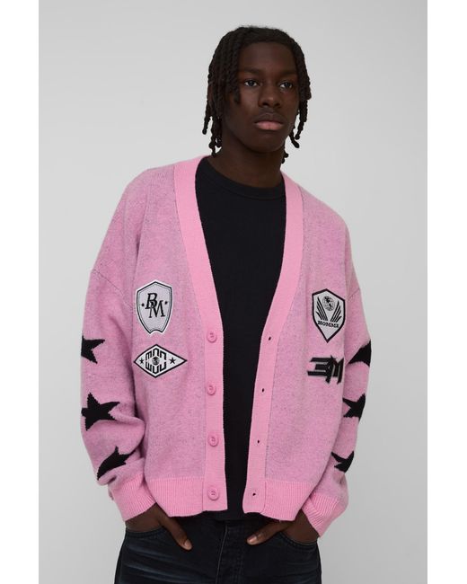 BoohooMAN Pink Oversized Brushed Moto Knitted Cardigan for men