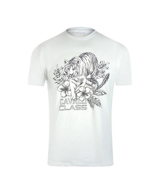 Roberto Cavalli White Tiger Floral Logo T-Shirt Cotton for men