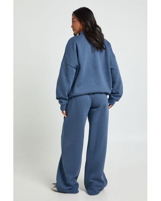 Boohoo Blue Petite Neck Detail Sweatshirt Wide Leg Tracksuit