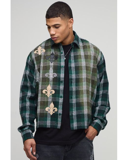 BoohooMAN Green Oversized Applique Distress Boxy Revere Long Sleeve Check Shirt for men