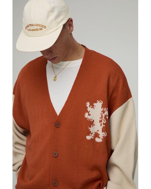 BoohooMAN Brown Oversized Ribbed Sleeve Varsity Jacquard Knitted Cardigan for men