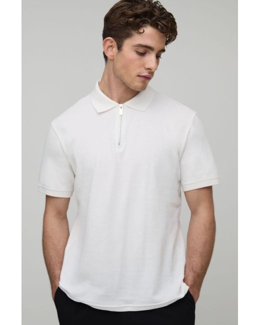 BoohooMAN White Slim Fit 1/4 Zip Pique Polo for men
