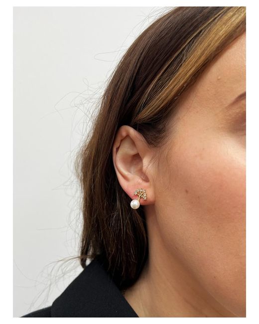 SVNX White Pearl Stud Earrings With Diamante Tree