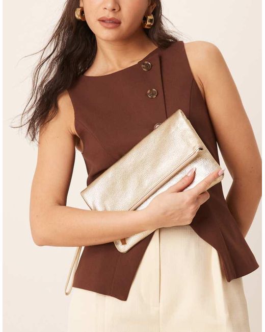Accessorize Brown Leather Foldover Metallic Clutch