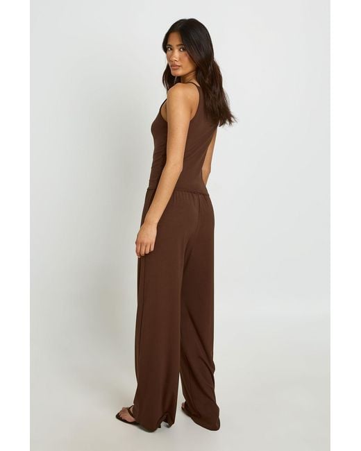 Boohoo Brown Soft Rib Vest And Straight Leg Trouser Co-Ord