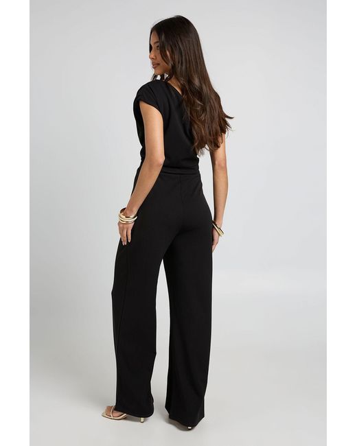 Boohoo Blue Jersey Crepe Drape Shoulder Wide Leg Jumpsuit