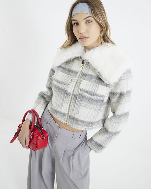 River Island Gray Crop Jacket Check Faux Fur Collar