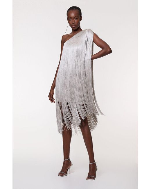 Karen Millen Metallic Tall Figure Form Bandage One Shoulder Fringe Mini Knit Dress