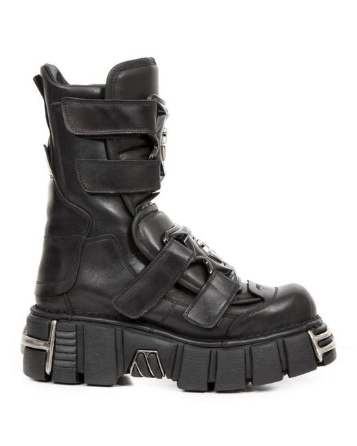 New Rock Black Punk Mid Calf Leather Boots-M-422-S1