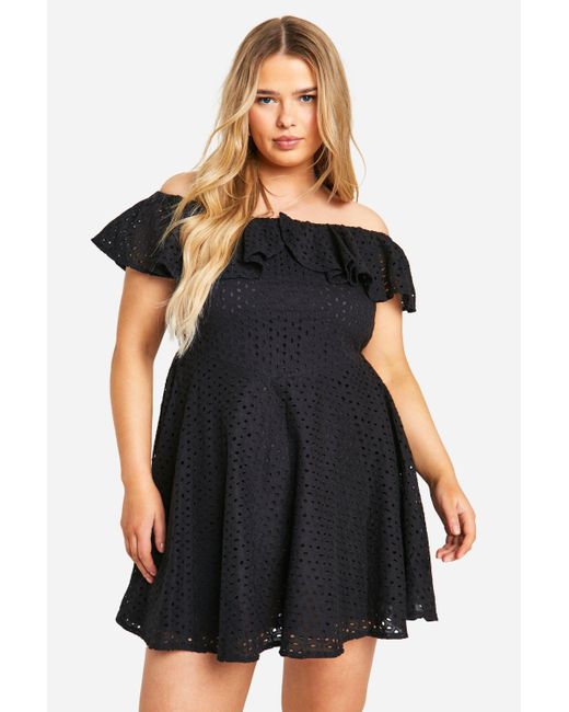 Boohoo Black Plus Broderie Ruffle Off Shoulder Skater Dress