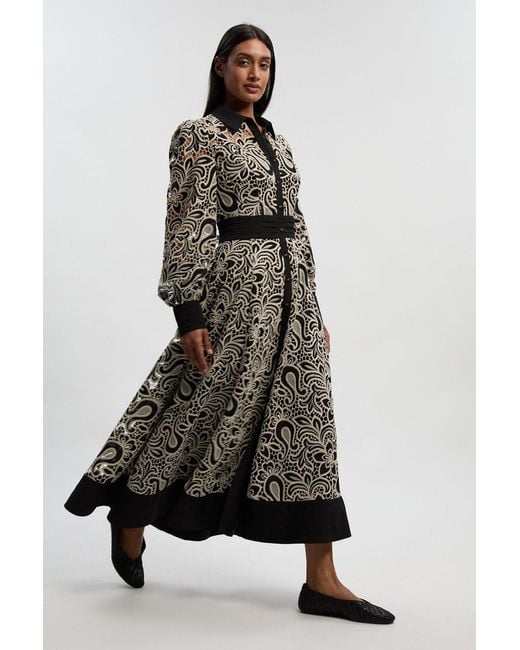 Karen Millen Multicolor Mono Cutwork Woven Maxi Shirt Dress