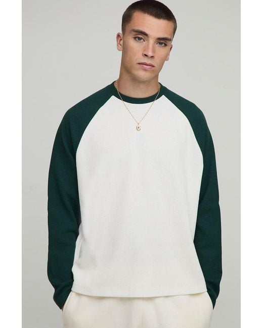 BoohooMAN Green Oversized Boxy Heavyweight Waffle Raglan Long Sleeve T-Shirt for men