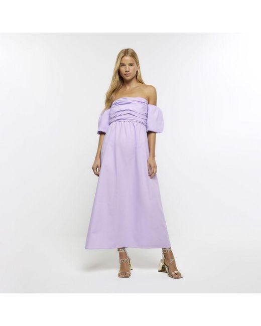 River Island Bardot Midi Dress Purple Ruched Cotton