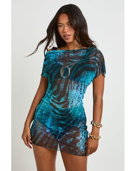 Boohoo Blue Abstract Print Sheer Mesh Asym Cowl Back Mini Beach Dress