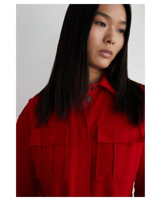 Warehouse Red Utility Shirt Dress With 3/4 Sleeve