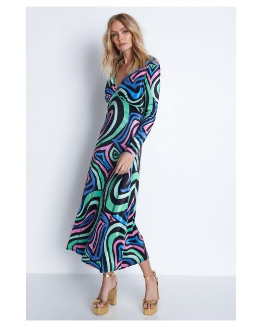 Warehouse Blue Swirl Print Velvet Plunge Neck Midi Dress