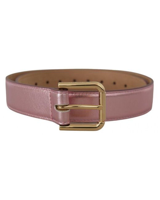 Dolce & Gabbana Brown Metallic Pink Polished Leather Logo Metal Buckle Belt