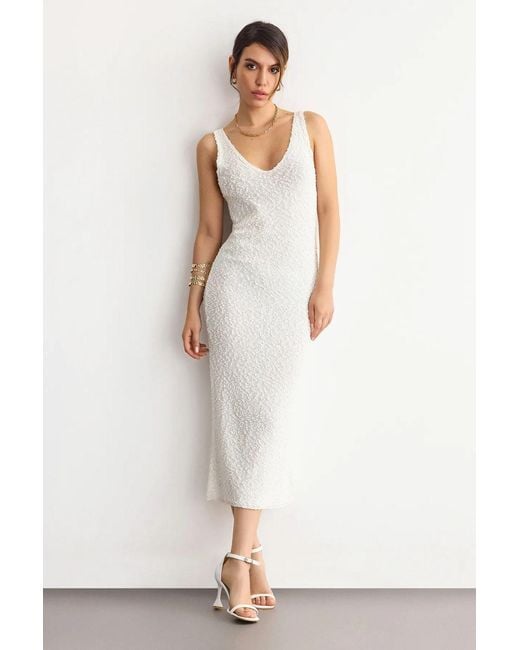 Hiccup White Knitted V-Neck Midi Dress With Textured Pattern