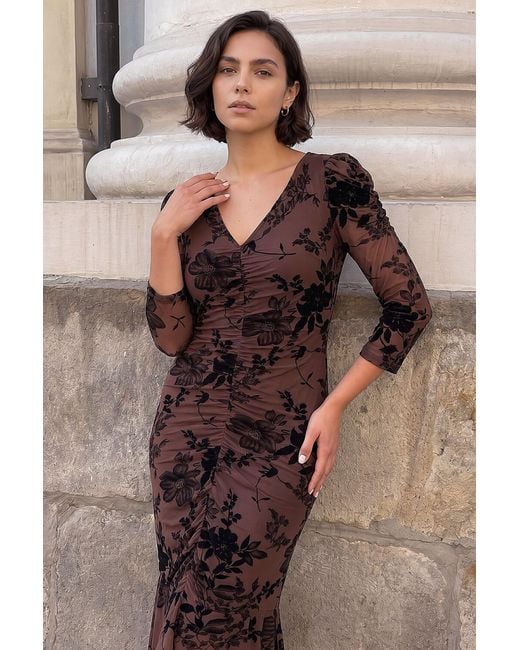 Roman Brown Ruched Floral Flock Frill Dress