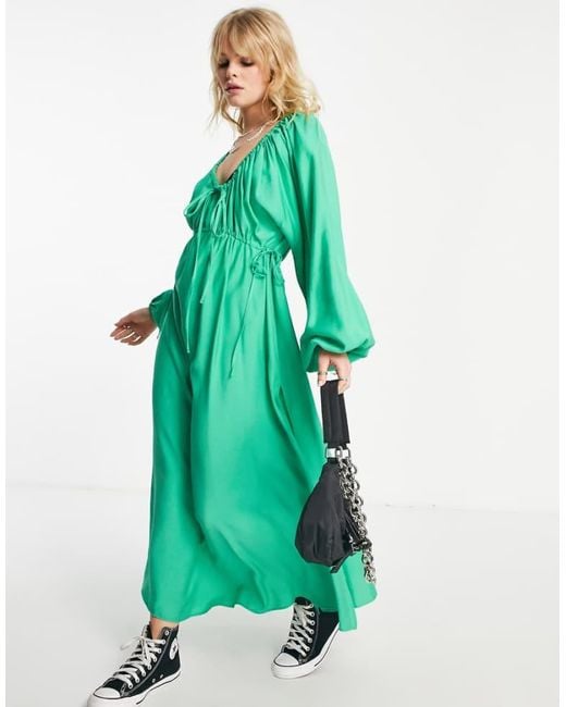 TOPSHOP Green Textured Ruched Channel Midaxi Dress