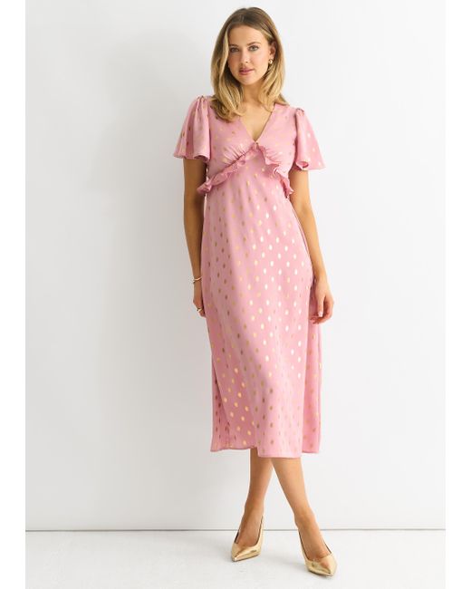 Gini London Pink Metallic Foil V Neck Midi Dress
