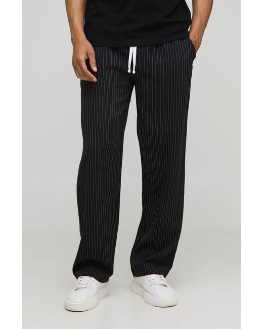 BoohooMAN Black Elasticated Waistband Relaxed Pinstripe Casual Pants for men